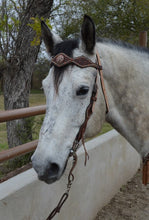 Load image into Gallery viewer, Alamo Saddlery 2-1/2 Inch Diamond browband headstall rough out golden leather redwood elephant overlay with spots 2046-RW
