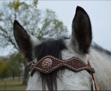 Load image into Gallery viewer, Alamo Saddlery 2-1/2 Inch Diamond browband headstall rough out golden leather redwood elephant overlay with spots 2046-RW