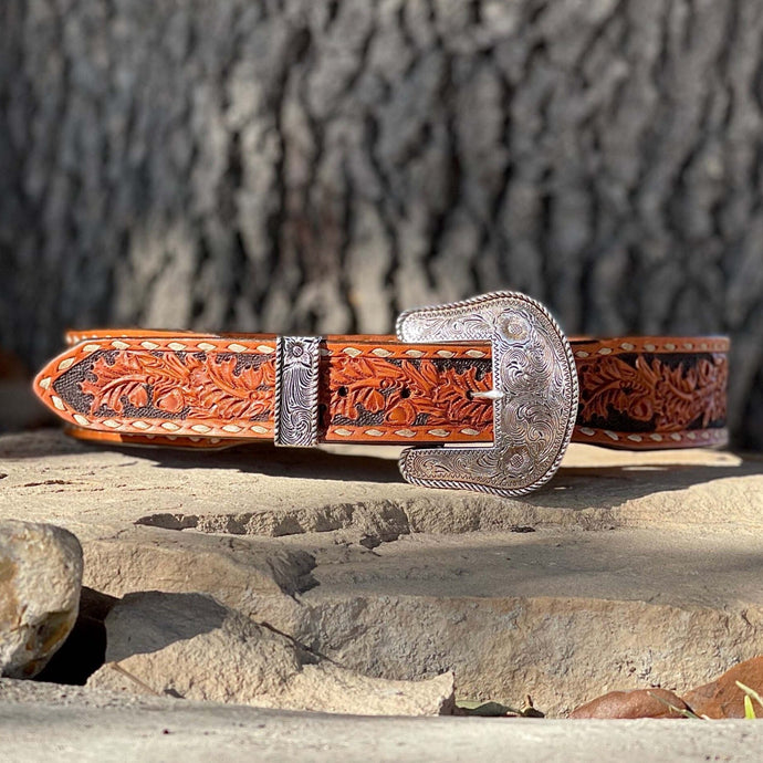 ALAMO Saddlery 1-3/4in Tapered To 1-1/2in Belt Golden Leather Acorn Tooling W/ Buckstitch