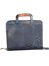 Load image into Gallery viewer, Alamo Saddlery Cowboy Briefcase black and toast leather waffle and bell flower tooling