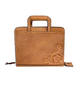 Alamo Saddlery Cowboy Briefcase golden leather basket and wild rose tooling