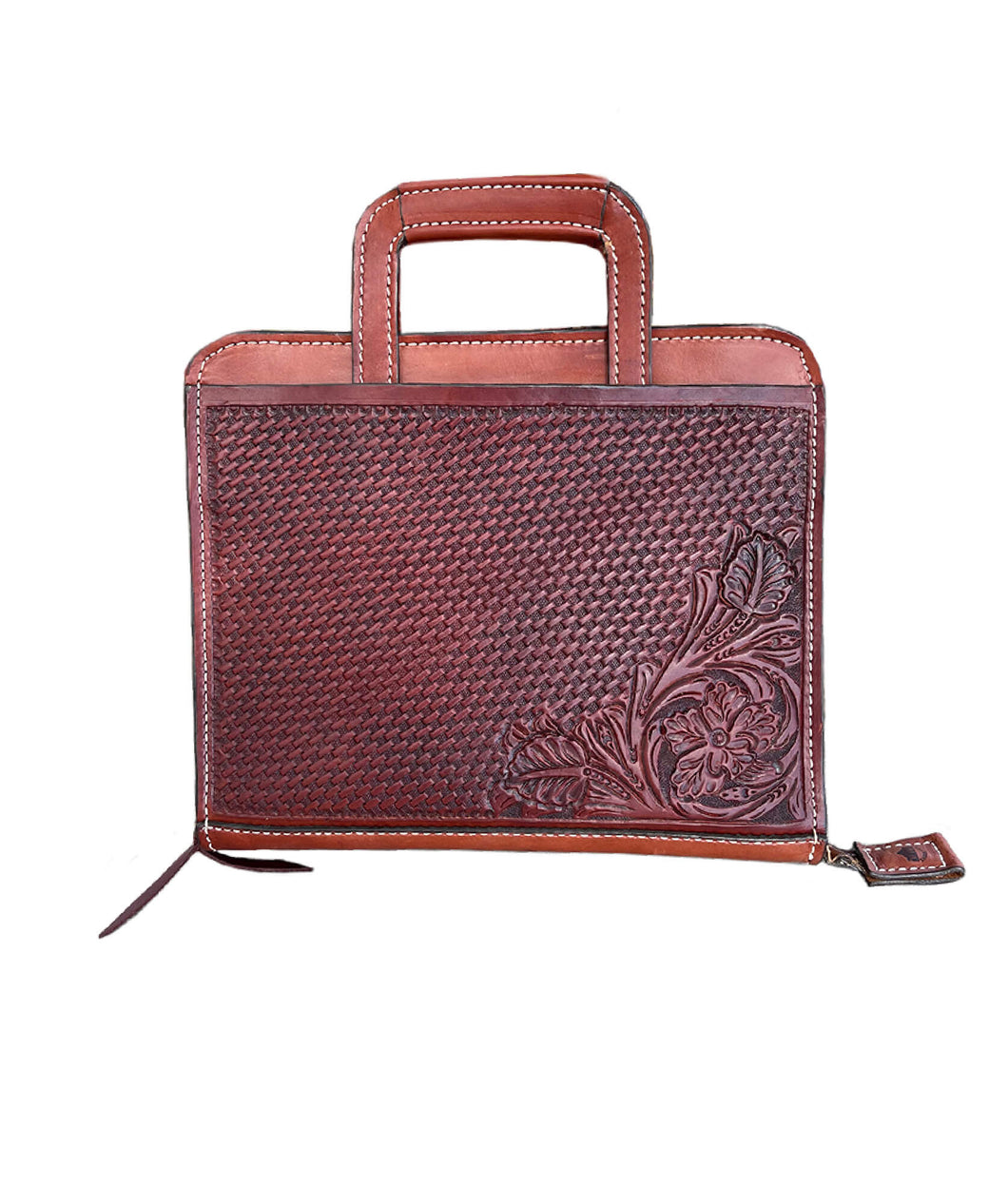 Alamo Saddlery Cowboy Briefcase toast leather basket and wild rose tooling