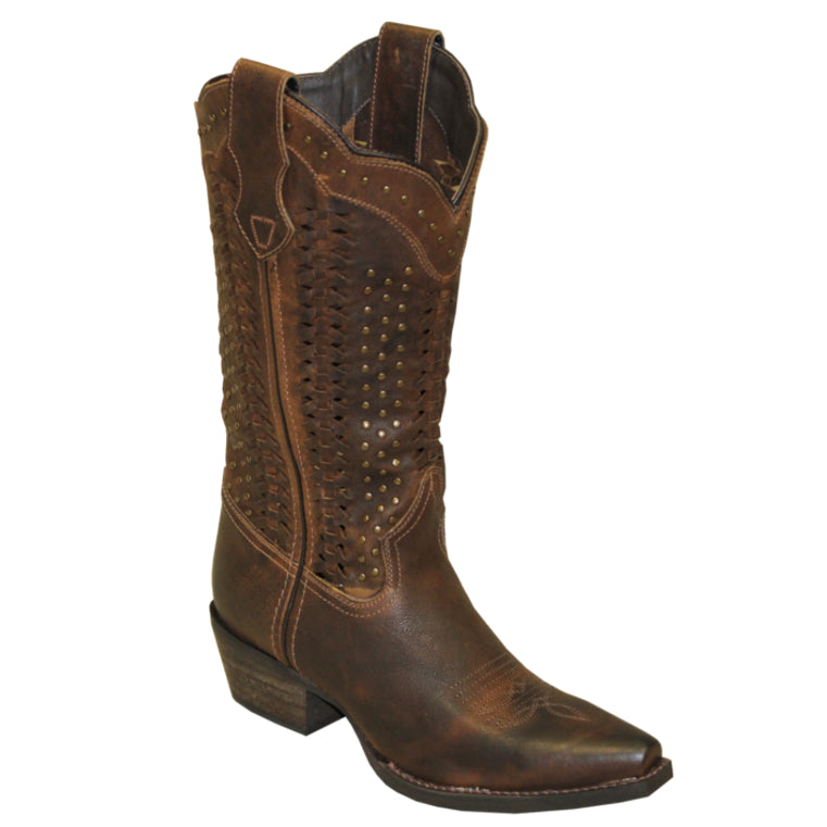 Rawhide Ladies 12″ Brown Scalloped Leather Snip Toe Boots 5143