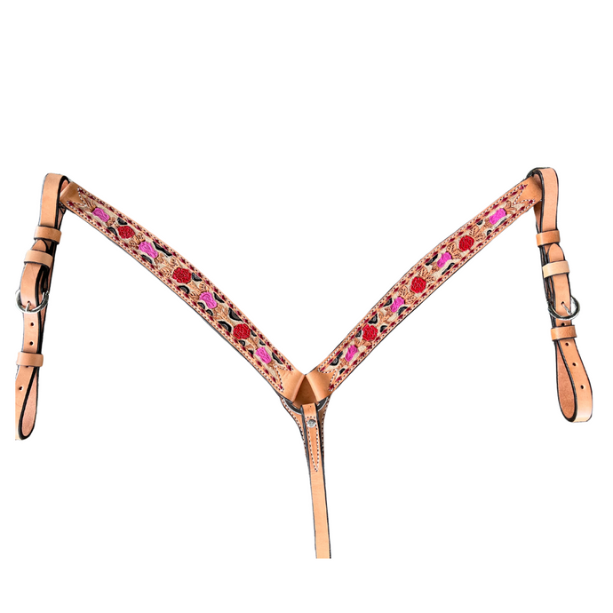 Alamo Saddlery Cheetah Rose 1-3/4 Inch Contour breast collar golden leather floral tooled with background paint & buckstitch 3023