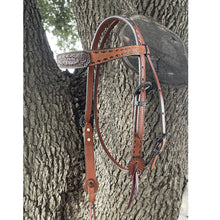 Load image into Gallery viewer, ALAMO Saddlery 1-1/2 Contour Browband Rough Out Toast Leather W/ Tooled Patch &amp; Buckstitch A-2800AO