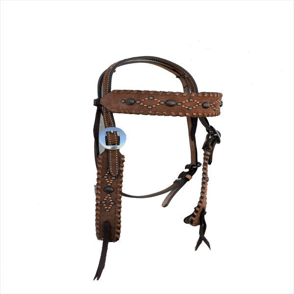 ALAMO Saddlery 1-1/2 Inch Straight Cowboy Browband Rough Out Chocolate Leather W/ Copper Crackle Whip Lace & Spots 2012-CP