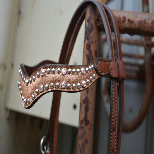 ALAMO Saddlery 1-1/2 Inch Wave Browband Copper Crackle Overlay W/ Crystals And Spots 2117-JC