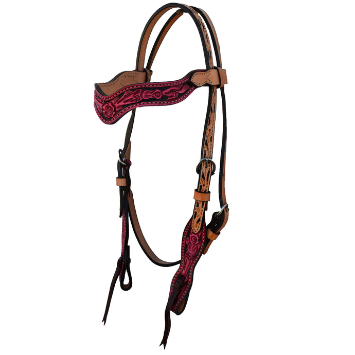 ALAMO Saddlery 1-1/2 Inch Wave Browband Dirty Pink Leather Rose Tooling W/ Background Paint A-2117RP