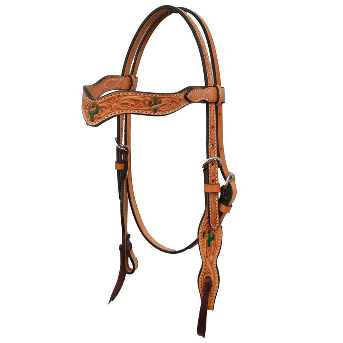 ALAMO Saddlery 1-1/2 Inch Wave Browband Golden Leather Cactus Tooling A-2117Y