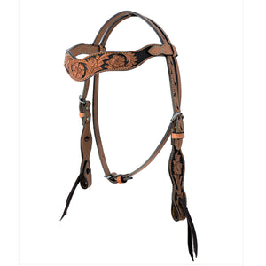 ALAMO Saddlery 1-1/2 Inch Wave Browband Golden Leather Floral Tooling W/ Background Paint A-211705