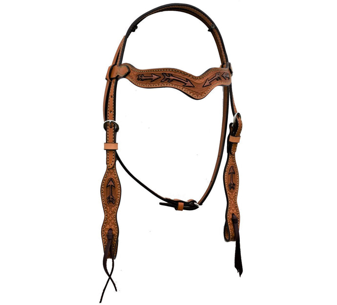 ALAMO Saddlery 1-1/2 Inch Wave Browband Golden Leather Geo/Basket Cross Tooling W/ Painted Arrows A-2117RA