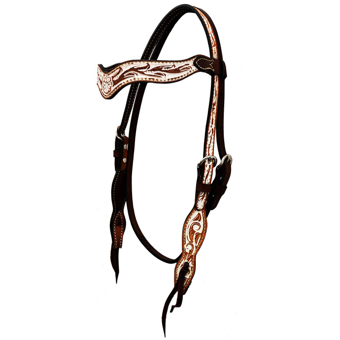 ALAMO Saddlery 1-1/2 Inch Wave Browband Rough Out Chocolate Leather Floral Tooled W/ Background Paint A-2117IRO