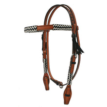 Load image into Gallery viewer, ALAMO Saddlery 1/2 Inch Straight Browband Toast Leather Black &amp; White Rawhide Braiding A-2015CHW