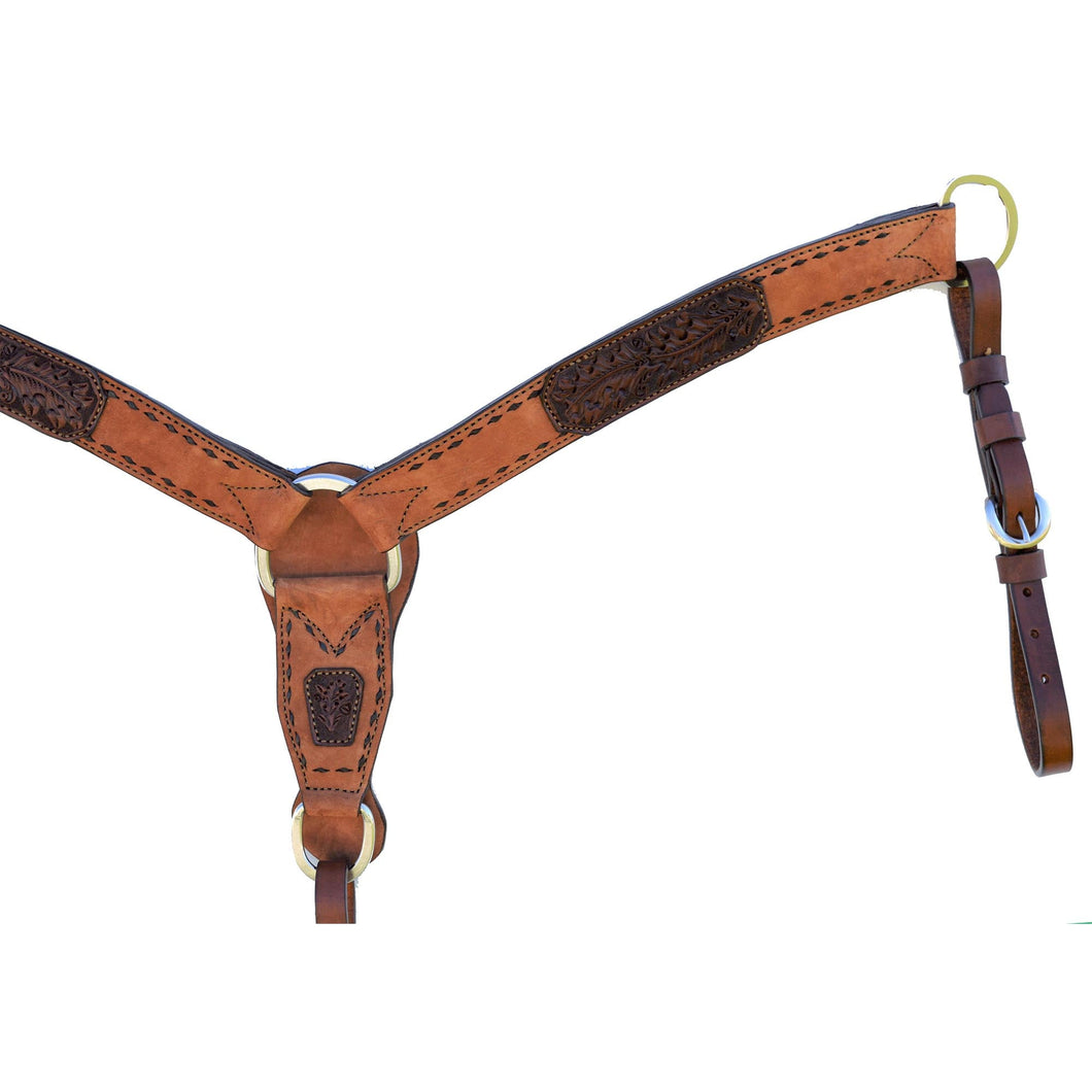ALAMO Saddlery 1-3/4 Inch Contour Breast Collar Rough Out Toast Leather W/ Tooled Patch & Buckstitch A-3022AO