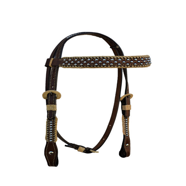 ALAMO Saddlery 1 Inch Straight Browband Toast Leather W/ Rawhide Spanish Lace & Spots A-2614TP