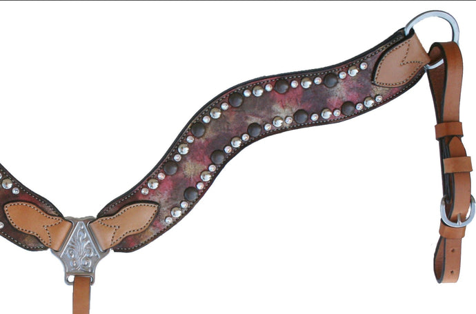 ALAMO Saddlery 2-1/2 Inch Wave Breast Collar Vintage Metallic Rose Dust Overlay W/ Crystals And Spots A-3017CC
