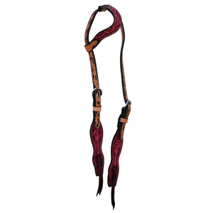 ALAMO Saddlery 5/8 Inch Wave One Ear Dirty Rose & Golden Leather Rose Tooling W/ Background Paint A-2074RP