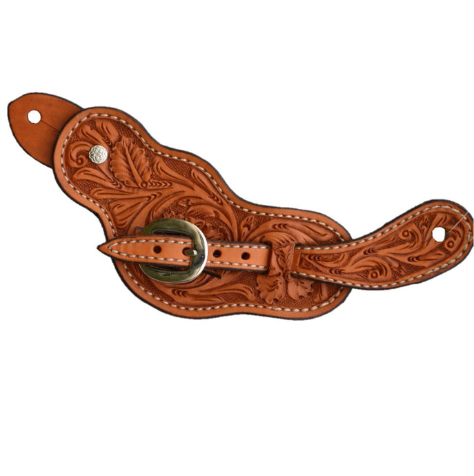 ALAMO Saddlery Ladies Spur Strap Golden Leather Floral Tooled W/ Button Cover A-383FL